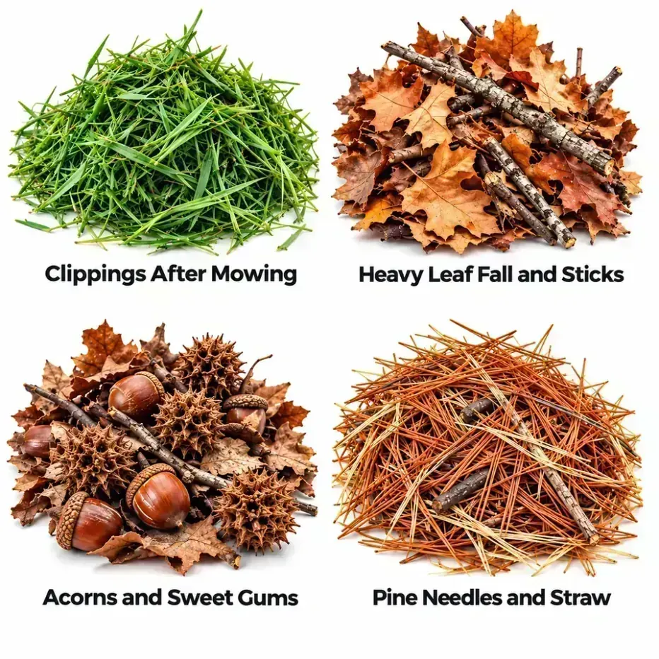 Four kinds of yard debris: grass clippings after mowing, heavy leaf fall and sticks, acorns and sweet gums, pine needles and straw