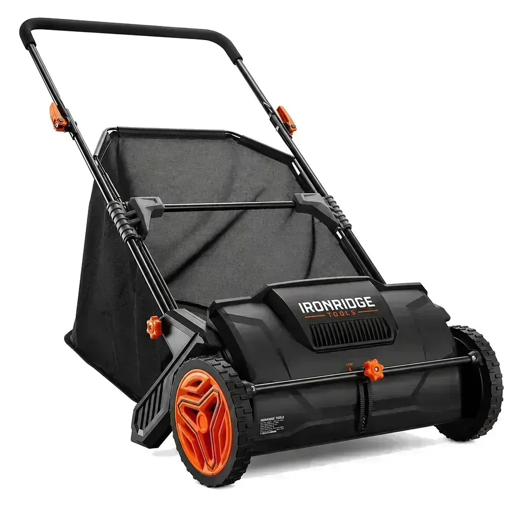 IronRidge Heavy-Duty Push Lawn Sweeper, front three-quarter view