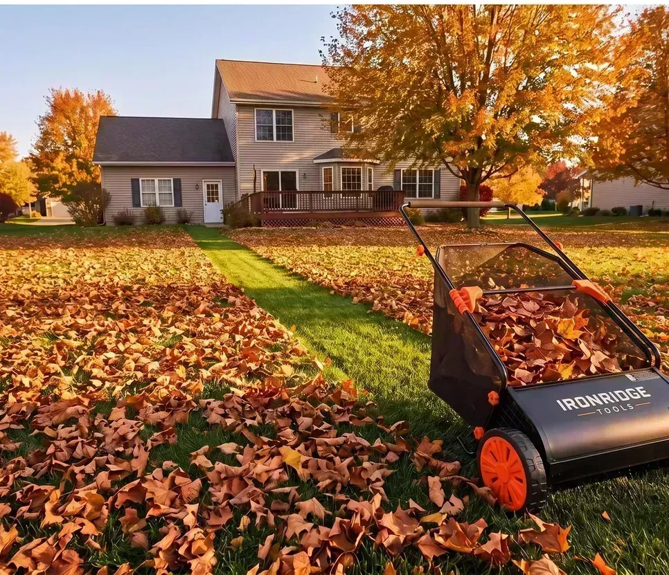 IronRidge push lawn sweeper clearing a strip of fall leaves on a suburban lawn
