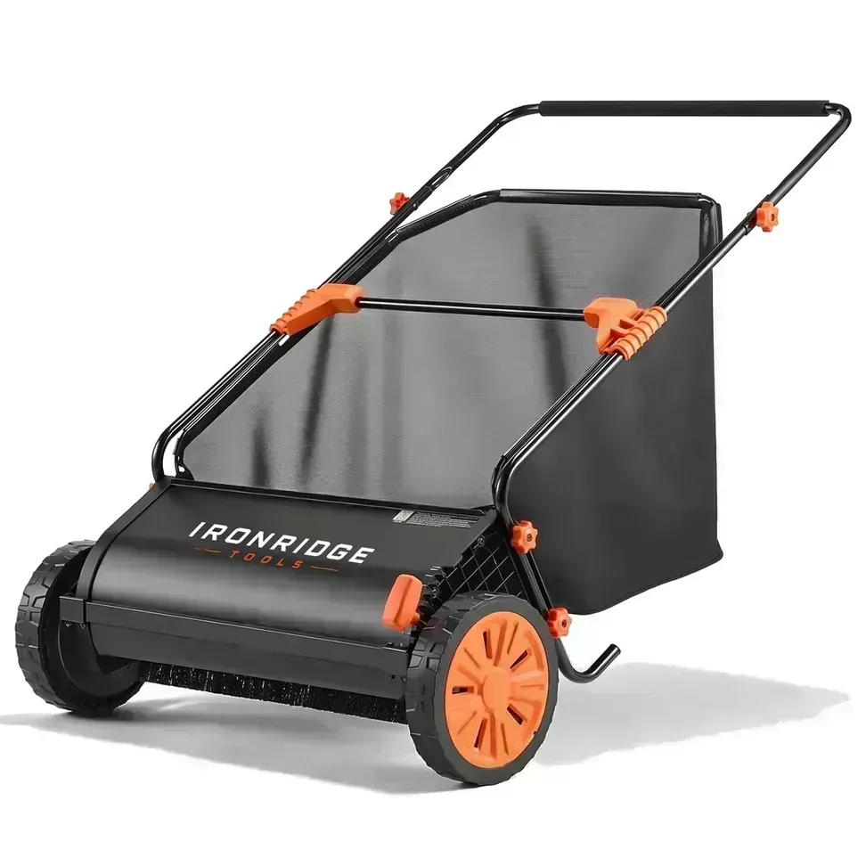 IronRidge Heavy-Duty Push Lawn Sweeper with black hopper bag and orange wheels