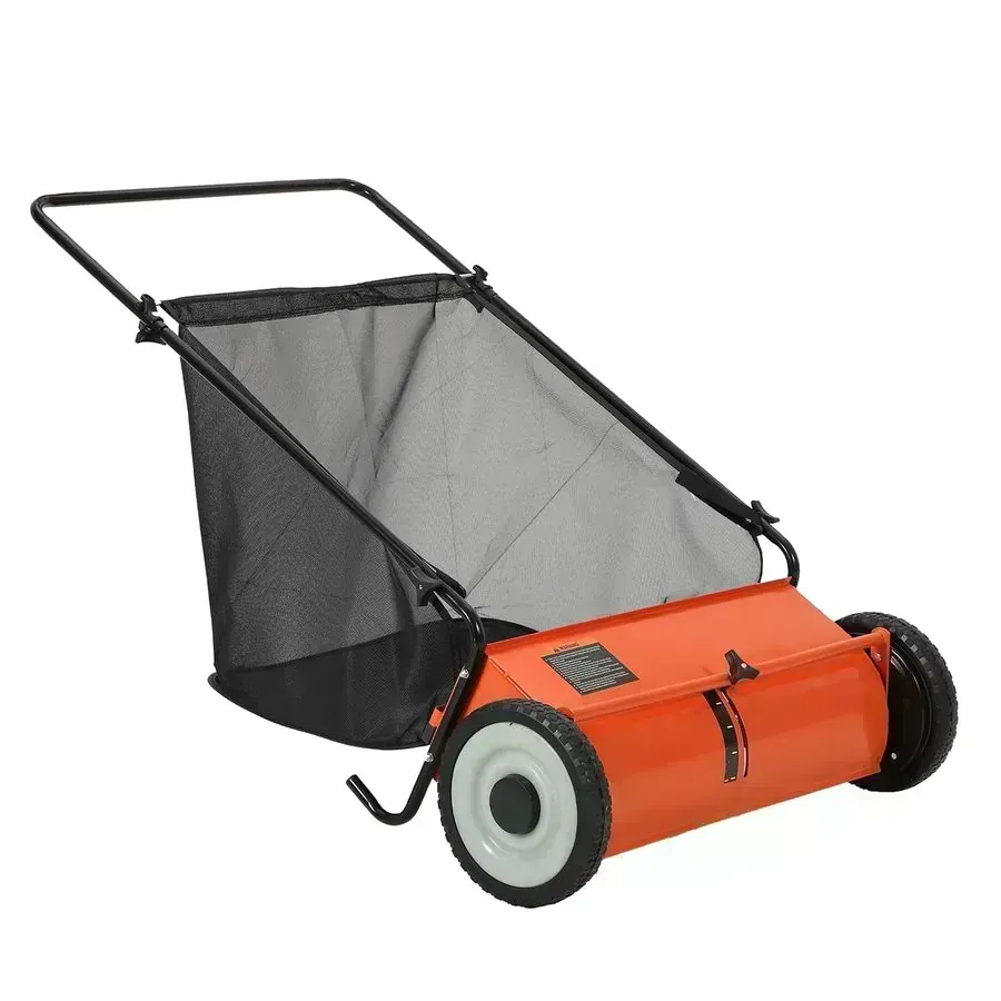 Garvee 21 inch Push Lawn Sweeper with orange housing and mesh bag